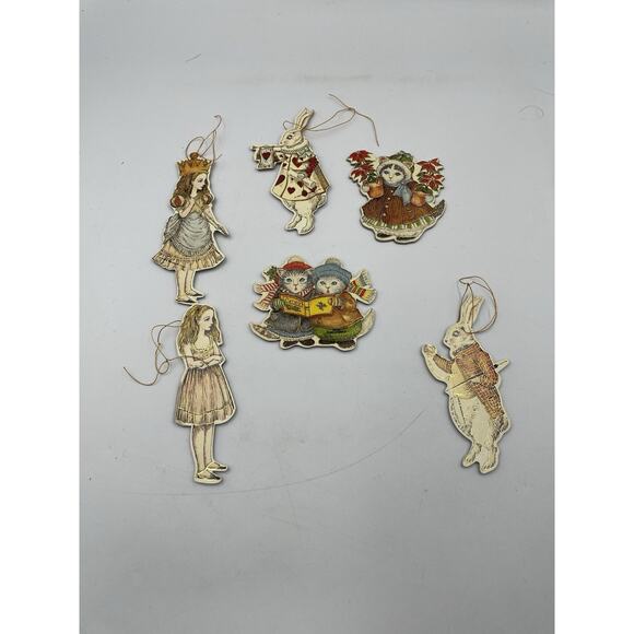 Vintage B. Shackman & Merrimack Alice In Wonderland & Kitty Ornaments Lot Of 6 - Picture 1 of 13